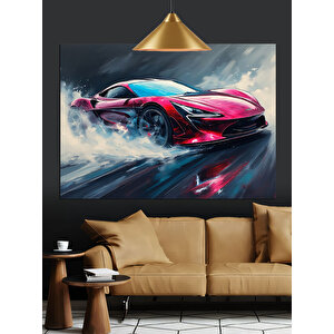 Pistte Hızlı Kırmızı Araba Dekoratif Kanvas - Mdf Ahşap Tablo 70x100 cm