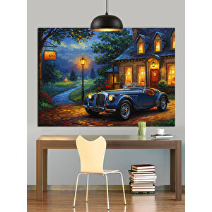 Klasik Ev Önünde Araba Dekoratif Kanvas - Mdf Ahşap Tablo 50x70 cm