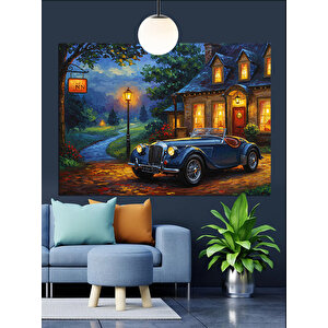 Klasik Ev Önünde Araba Dekoratif Kanvas - Mdf Ahşap Tablo 50x70 cm
