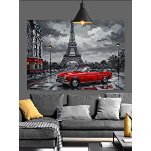 Eyfel Kulesi Önünde Kırmızı Araba Dekoratif Kanvas - Mdf Ahşap Tablo 25x35 cm
