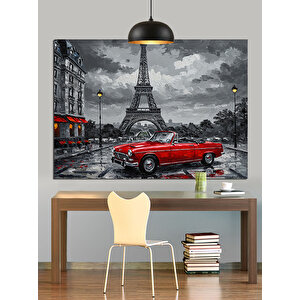Eyfel Kulesi Önünde Kırmızı Araba Dekoratif Kanvas - Mdf Ahşap Tablo