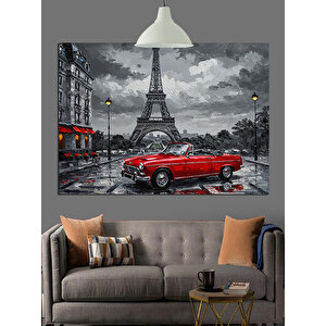 Eyfel Kulesi Önünde Kırmızı Araba Dekoratif Kanvas - Mdf Ahşap Tablo