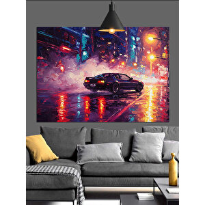 Neon Gece Arabası Dekoratif Kanvas - Mdf Ahşap Tablo 50x70 cm