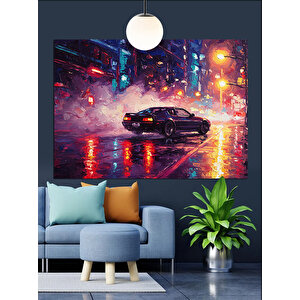 Neon Gece Arabası Dekoratif Kanvas - Mdf Ahşap Tablo