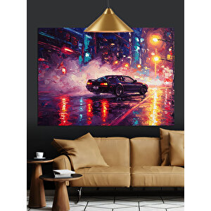 Neon Gece Arabası Dekoratif Kanvas - Mdf Ahşap Tablo 70x100 cm