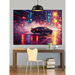 Neon Gece Arabası Dekoratif Kanvas - Mdf Ahşap Tablo