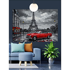 Eyfel Kulesi Önünde Kırmızı Araba Dekoratif Kanvas - Mdf Ahşap Tablo 35x50 cm