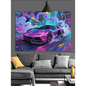 Renkli Neon Spor Araba Dekoratif Kanvas - Mdf Ahşap Tablo 70x100 cm
