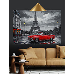 Eyfel Kulesi Önünde Kırmızı Araba Dekoratif Kanvas - Mdf Ahşap Tablo 50x70 cm