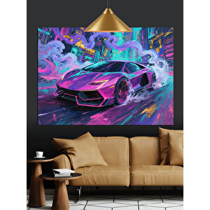 Renkli Neon Spor Araba Dekoratif Kanvas - Mdf Ahşap Tablo 70x100 cm