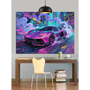 Renkli Neon Spor Araba Dekoratif Kanvas - Mdf Ahşap Tablo