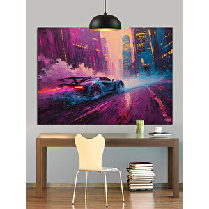 Gece Şehrinde Yarış Arabası Dekoratif Kanvas - Mdf Ahşap Tablo 35x50 cm