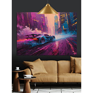 Gece Şehrinde Yarış Arabası Dekoratif Kanvas - Mdf Ahşap Tablo 35x50 cm