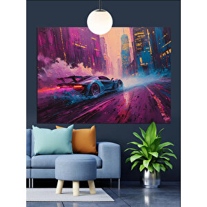 Gece Şehrinde Yarış Arabası Dekoratif Kanvas - Mdf Ahşap Tablo 70x100 cm