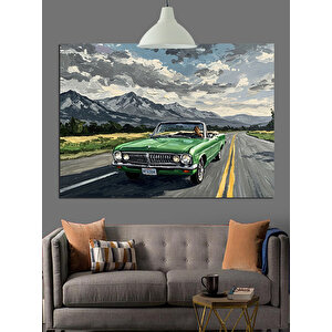 Dağ Manzarasında Yeşil Araba Dekoratif Kanvas - Mdf Ahşap Tablo 35x50 cm