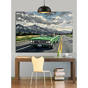 Dağ Manzarasında Yeşil Araba Dekoratif Kanvas - Mdf Ahşap Tablo 35x50 cm
