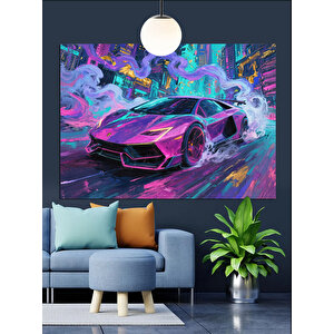 Renkli Neon Spor Araba Dekoratif Kanvas - Mdf Ahşap Tablo 50x70 cm