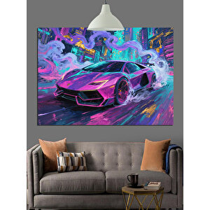 Renkli Neon Spor Araba Dekoratif Kanvas - Mdf Ahşap Tablo