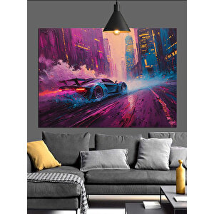 Gece Şehrinde Yarış Arabası Dekoratif Kanvas - Mdf Ahşap Tablo