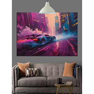 Gece Şehrinde Yarış Arabası Dekoratif Kanvas - Mdf Ahşap Tablo