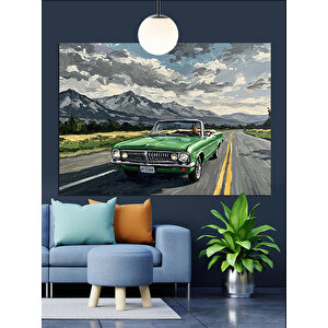 Dağ Manzarasında Yeşil Araba Dekoratif Kanvas - Mdf Ahşap Tablo 50x70 cm