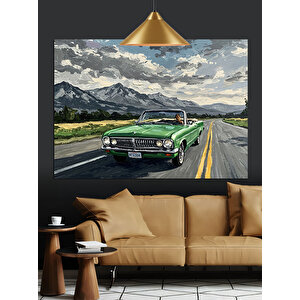 Dağ Manzarasında Yeşil Araba Dekoratif Kanvas - Mdf Ahşap Tablo