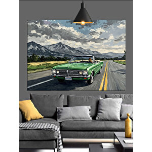 Dağ Manzarasında Yeşil Araba Dekoratif Kanvas - Mdf Ahşap Tablo