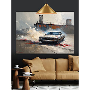 Yanlamasına Drift Yapan Araba Dekoratif Kanvas - Mdf Ahşap Tablo