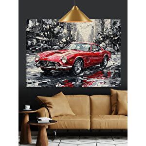 Yağmurlu Yolda Kırmızı Araba Dekoratif Kanvas - Mdf Ahşap Tablo