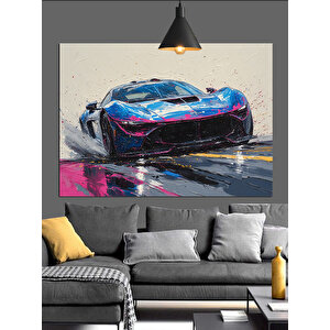 Renkli Işıkta Yarış Arabası Dekoratif Kanvas - Mdf Ahşap Tablo 50x70 cm