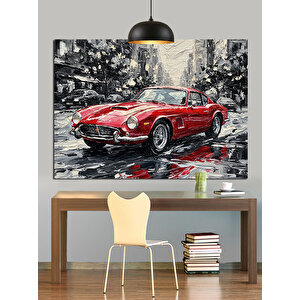 Yağmurlu Yolda Kırmızı Araba Dekoratif Kanvas - Mdf Ahşap Tablo 35x50 cm
