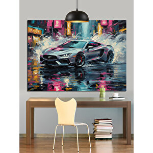 Yağmurda Spor Araba Dekoratif Kanvas - Mdf Ahşap Tablo