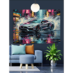 Yağmurda Spor Araba Dekoratif Kanvas - Mdf Ahşap Tablo