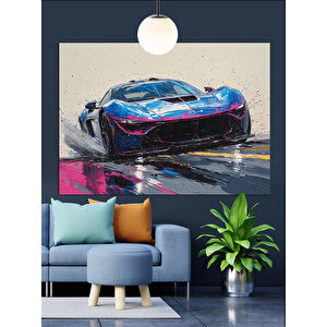 Renkli Işıkta Yarış Arabası Dekoratif Kanvas - Mdf Ahşap Tablo 25x35 cm