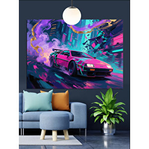 Neon Pembe Spor Araba Dekoratif Kanvas - Mdf Ahşap Tablo 35x50 cm