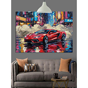 Yağmurlu Sokakta Kırmızı Araba Dekoratif Kanvas - Mdf Ahşap Tablo 70x100 cm