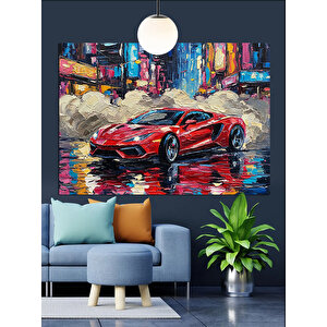 Yağmurlu Sokakta Kırmızı Araba Dekoratif Kanvas - Mdf Ahşap Tablo