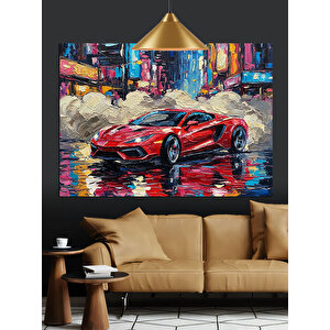 Yağmurlu Sokakta Kırmızı Araba Dekoratif Kanvas - Mdf Ahşap Tablo