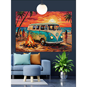 Kumsalda Mavi Minibüs Araba Dekoratif Kanvas - Mdf Ahşap Tablo 50x70 cm