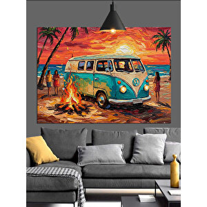 Kumsalda Mavi Minibüs Araba Dekoratif Kanvas - Mdf Ahşap Tablo 50x70 cm
