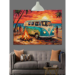 Kumsalda Mavi Minibüs Araba Dekoratif Kanvas - Mdf Ahşap Tablo