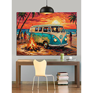 Kumsalda Mavi Minibüs Araba Dekoratif Kanvas - Mdf Ahşap Tablo