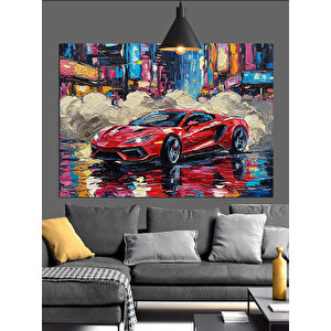 Yağmurlu Sokakta Kırmızı Araba Dekoratif Kanvas - Mdf Ahşap Tablo 35x50 cm