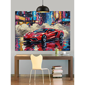 Yağmurlu Sokakta Kırmızı Araba Dekoratif Kanvas - Mdf Ahşap Tablo 35x50 cm