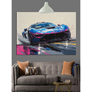 Renkli Işıkta Yarış Arabası Dekoratif Kanvas - Mdf Ahşap Tablo