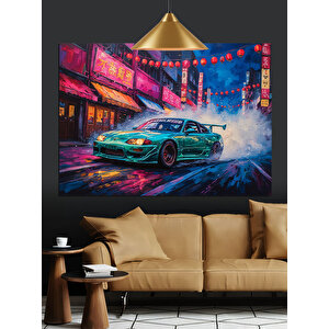 Neon Işıklar Altında Spor Araba Dekoratif Kanvas - Mdf Ahşap Tablo 70x100 cm
