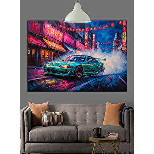 Neon Işıklar Altında Spor Araba Dekoratif Kanvas - Mdf Ahşap Tablo
