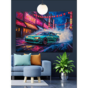 Neon Işıklar Altında Spor Araba Dekoratif Kanvas - Mdf Ahşap Tablo 25x35 cm
