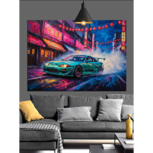 Neon Işıklar Altında Spor Araba Dekoratif Kanvas - Mdf Ahşap Tablo 25x35 cm