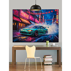 Neon Işıklar Altında Spor Araba Dekoratif Kanvas - Mdf Ahşap Tablo